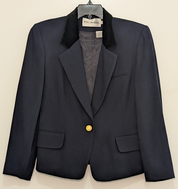 VTG JH Collectibles Wool Blazer 4 Navy Blue Velvet Collar Equestrian Academia - Picture 2 of 6